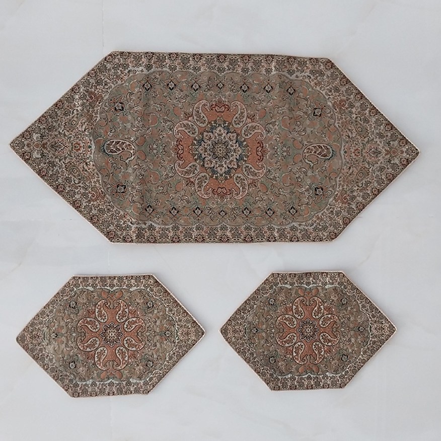 رومیزی ترمه ست 3 تکه طرح نسترن جدید رنگ نسکافه ای با کیفیت عالی 