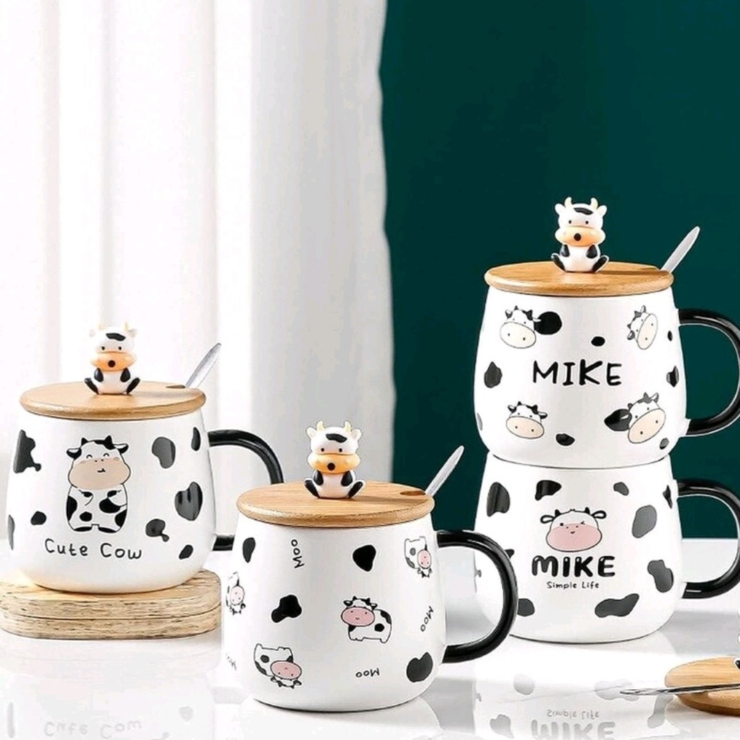 ماگ سرامیکی طرح گاو ، دارای درب چوبی ، دارای قاشق ، فروشگاه یکتا