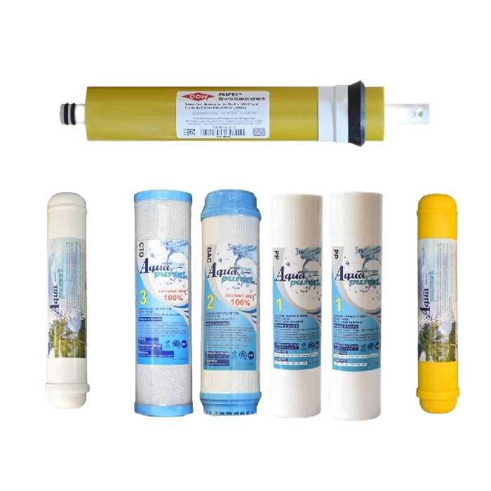 فیلتر دستگاه تصفیه کننده آب آکوا پیورست مدل AP-RO GOLD 07 مجموعه 6 عددی به همراه فیلتر ممبران فیلمتگ مدل DOW
