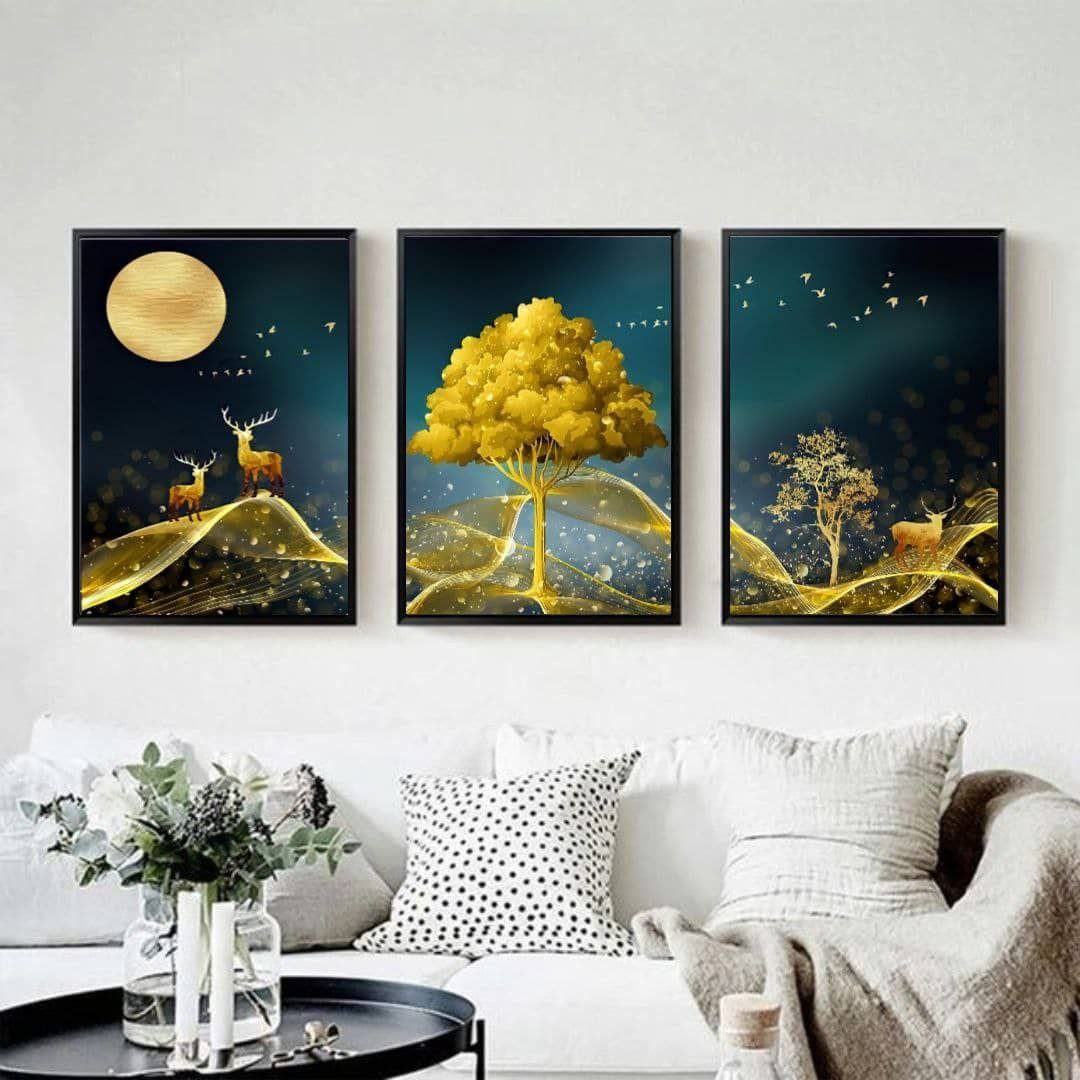 تابلو دکوراتیو سه تیکه طرح درخت و آهو