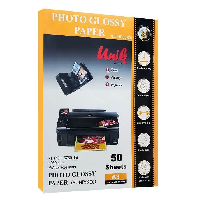 کاغذ فتو گلاسه براق 260 گرم یونیک سایز A3