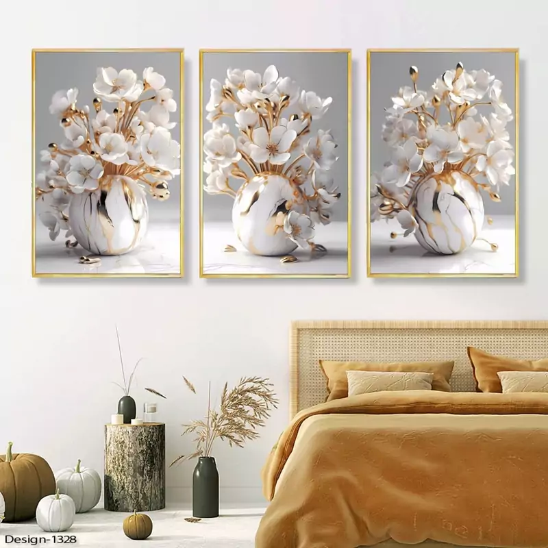 تابلو دکوراتیو گل های زیبا با گلدان سفید سه تیکه منظم سه عدد35 در 50 | دنیای قاب