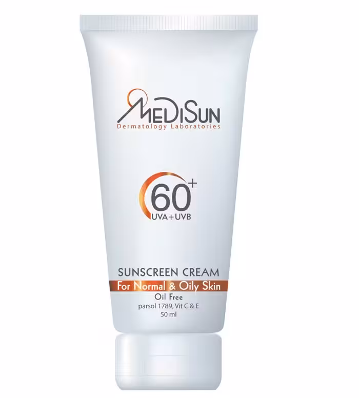 کرم ضد آفتاب بی رنگ فاقد چربی SPF60 مناسب پوست معمولی و چرب 50 میلی لیتر مدیسان