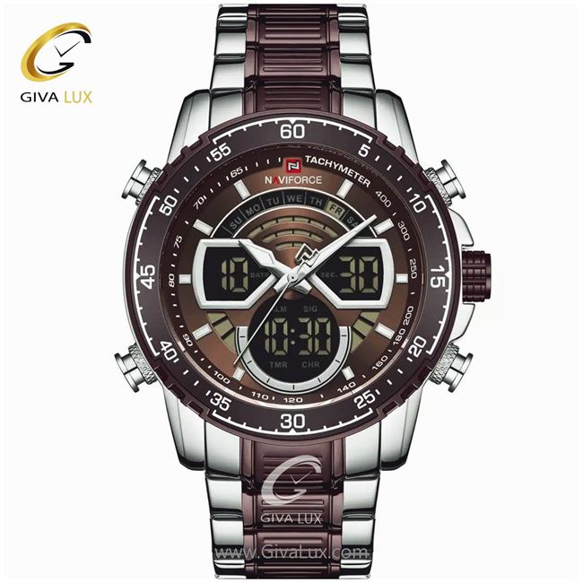 ساعت مچی اورجینال ناوی فورس مردانه دو زمانه نقره ای | کافی | کافی | کد رفرنس NF9189