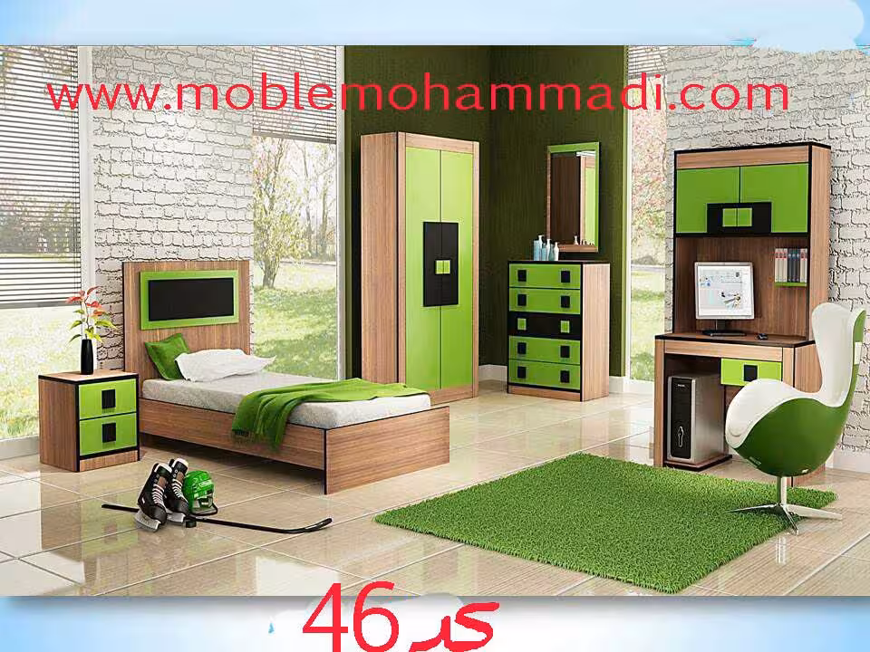 سرویس خواب جوان و نوجوان کد 46شامل تخت /کمد/پاتختی /اینه دراور/میز تحریر