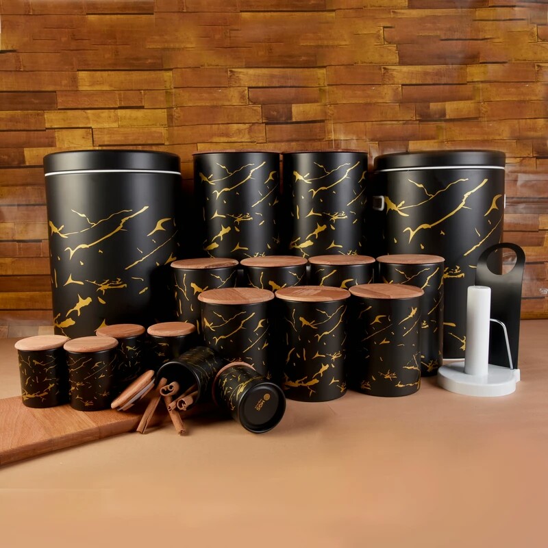 سرویس آشپزخانه 18پارچه درب چوبی طرح ماربل مشکی طلایی برند (MGS )