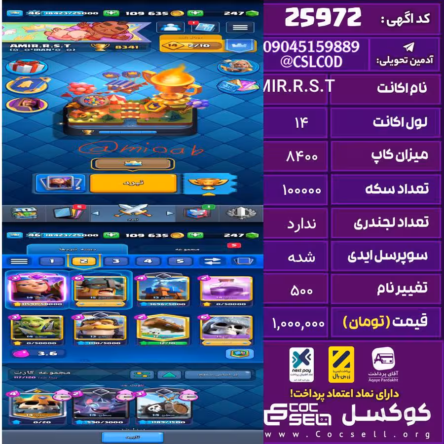 اکانت کلش رویال لول 14 تعداد کارت مکس 3 تعداد جم 250 تغییرنام 500 کد 25972