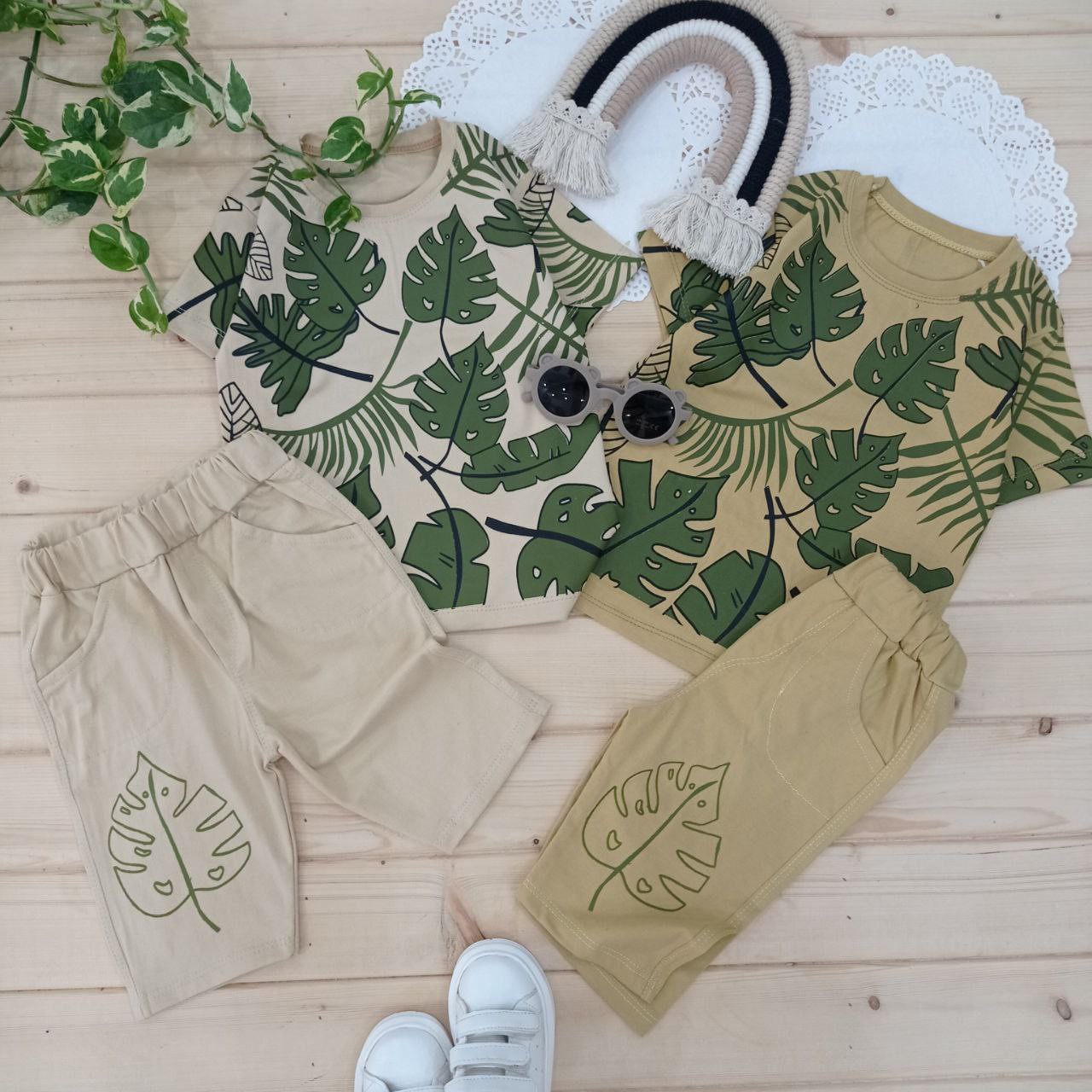 ست تیشرت شلوارک برگ پسرانه سایز 40 تا 55 جنس نخ پنبه 