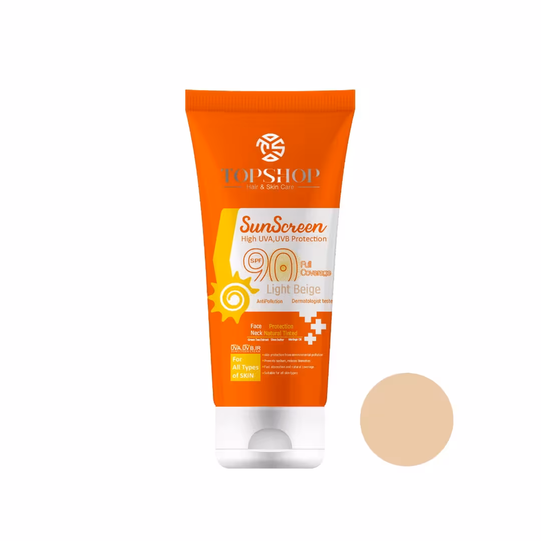 کرم ضد آفتاب رنگی تاپ شاپ مدل Light Beige SPF 90 مناسب انواع پوست حجم 50 میلی لیتر    