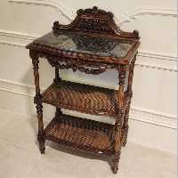 میز سرو قهوه‌ ای چوب و سنگ و حصیر منبت