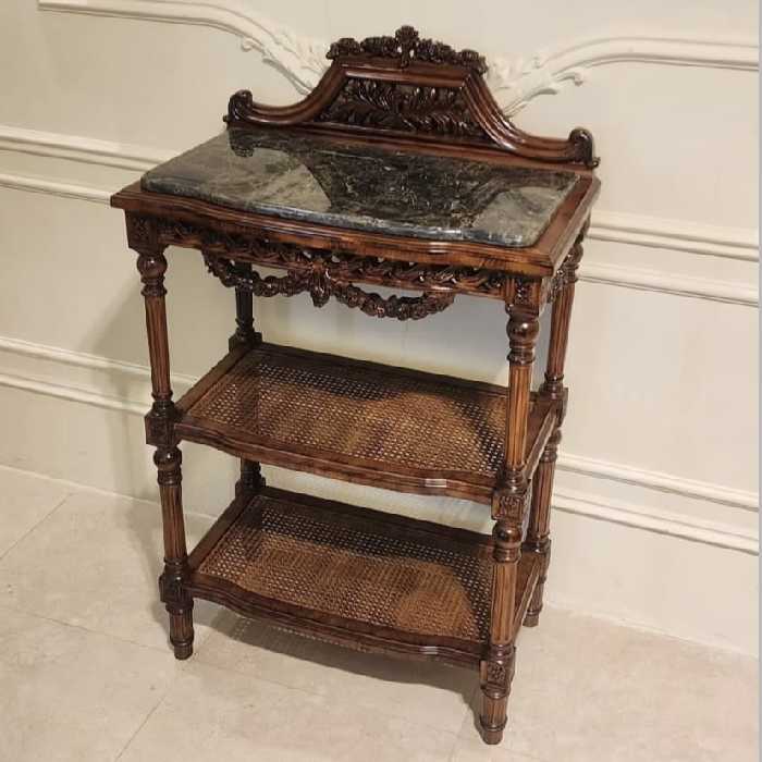 میز سرو قهوه‌ ای چوب و سنگ و حصیر منبت