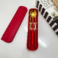 ست چاپستیک و قاشق استیل باکسدار قرمز