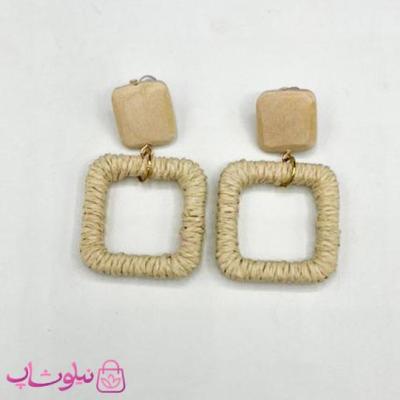 گوشواره فانتزی دخترانه کنفی طرح مربع کرم رنگ کد 145