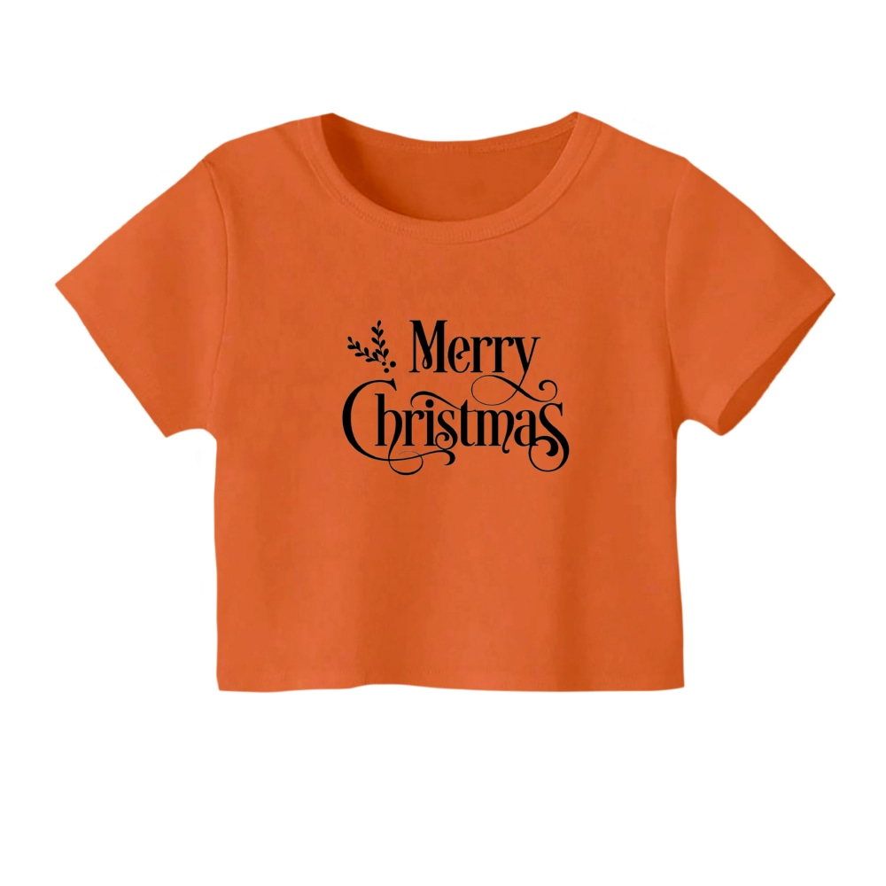 کراپ‌ تی‌شرت آستین کوتاه زنانه مدل نوشته کریسمس کد 13 رنگ نارنجی