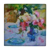 کاشی کارنیلا طرح نقاشی گل و گلدان شیشه ای مدل لوحی کد klh763