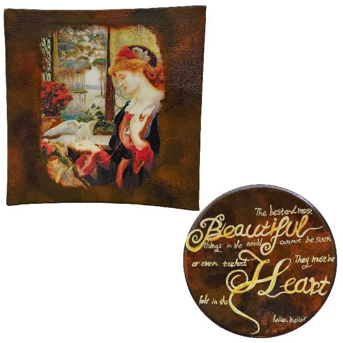  بشقاب دیوارکوب سفالی طرح دختر و کبوتر کد 1011مجموعه 2 عددی