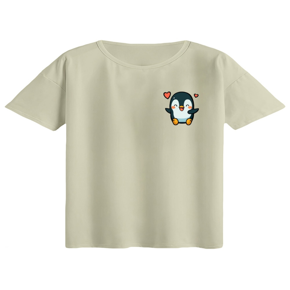 کراپ تی‌شرت آستین کوتاه زنانه مدل پنگوئن کد 2 رنگ کرم