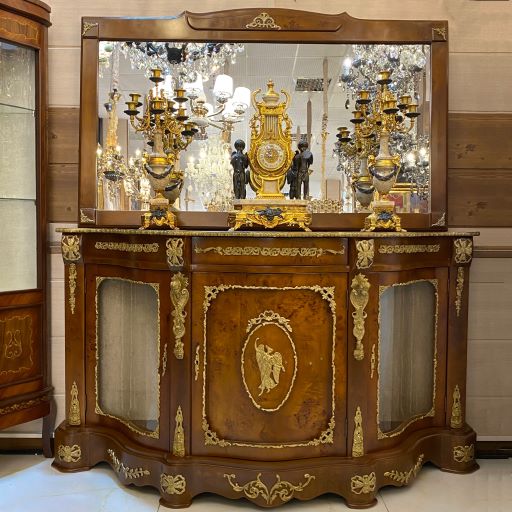 آینه و کنسول چوبی قهوه ای برنزکوب ویترینی