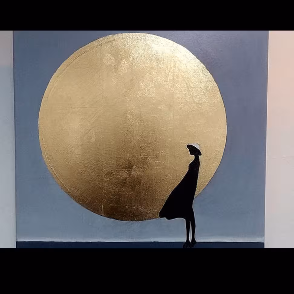 قاب برجسته تکسچر دختر تنها. با متریال رنگ اکرولیک و ورق طلا و خمیر تکسچر