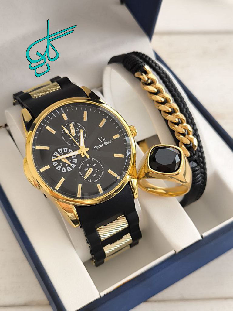 خرید ست اکسسوری خاص مردانه شامل ساعت دستبند و انگشتر طلایی مشکی کد 1815613 - ردگل