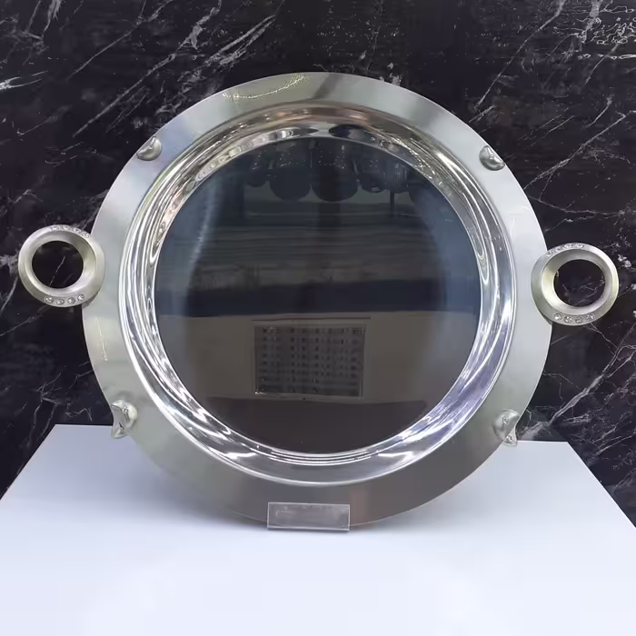 سینی سایز بزرگ نگار ، استیل ضد زنگ ، طرح دسته حلقه ، نقره ای ، گرد