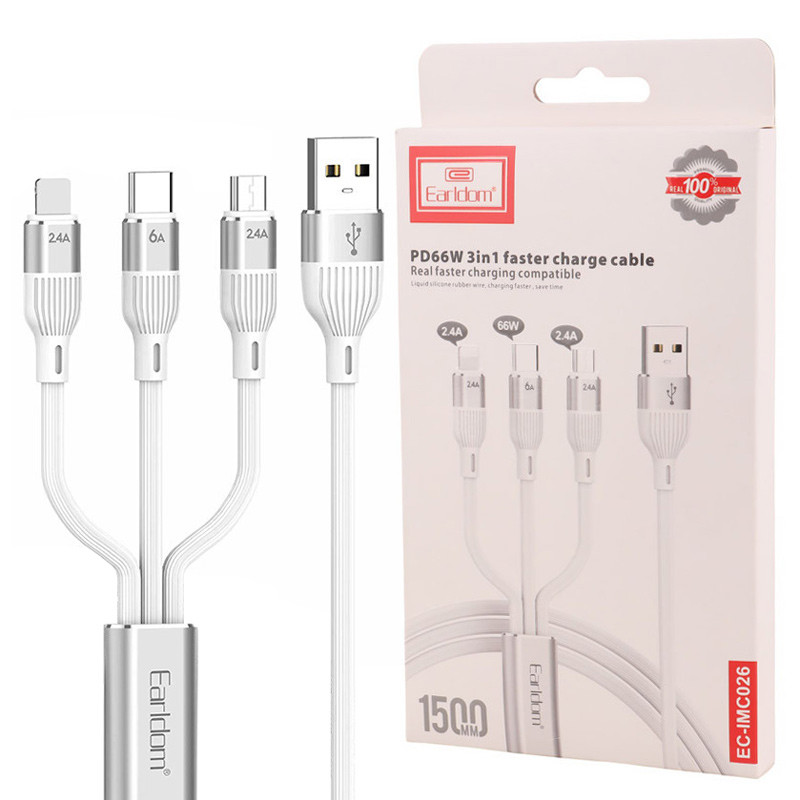 کابل 3 سر فست شارژ Earldom EC-IMC026 2.4A PD 66W 1.5m