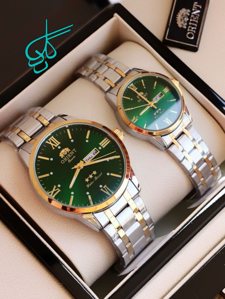 خرید ست ساعت زنانه و مردانه اورینت دارای تاریخ فارسی و انگلیسی رنگ ثابت ضد آب کد 2115777 - ردگل