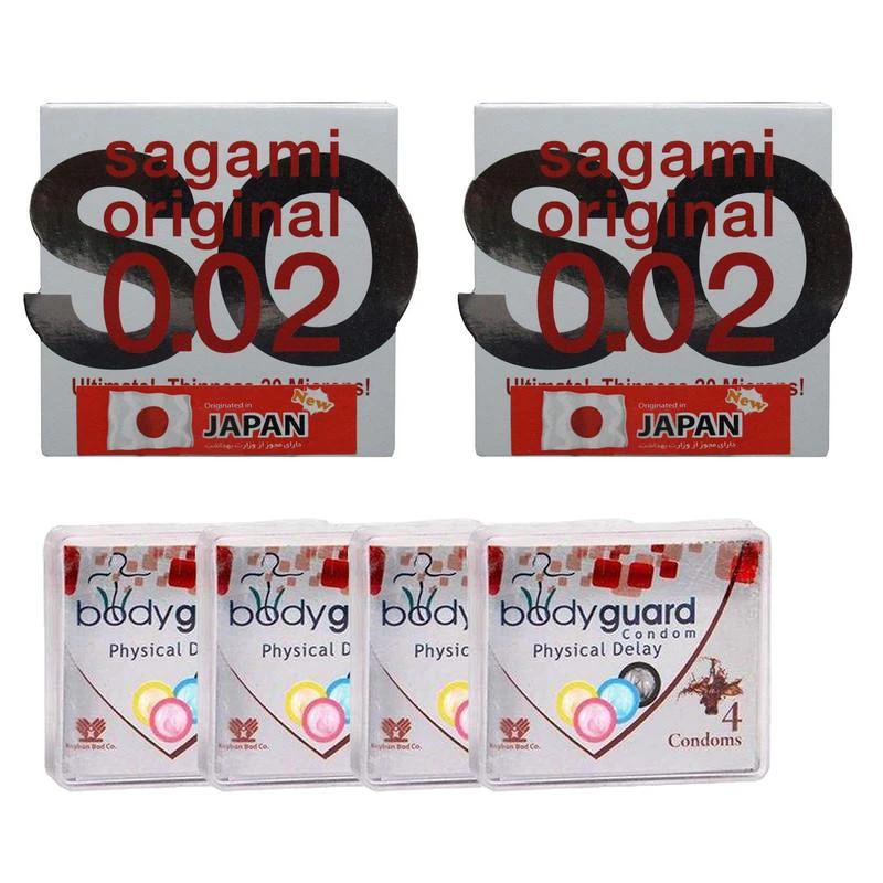 کاندوم ساگامی مدل نرمال مجموعه 2 عددی به همراه کاندوم بادی گارد مدل Delay مجموعه 4 عددی