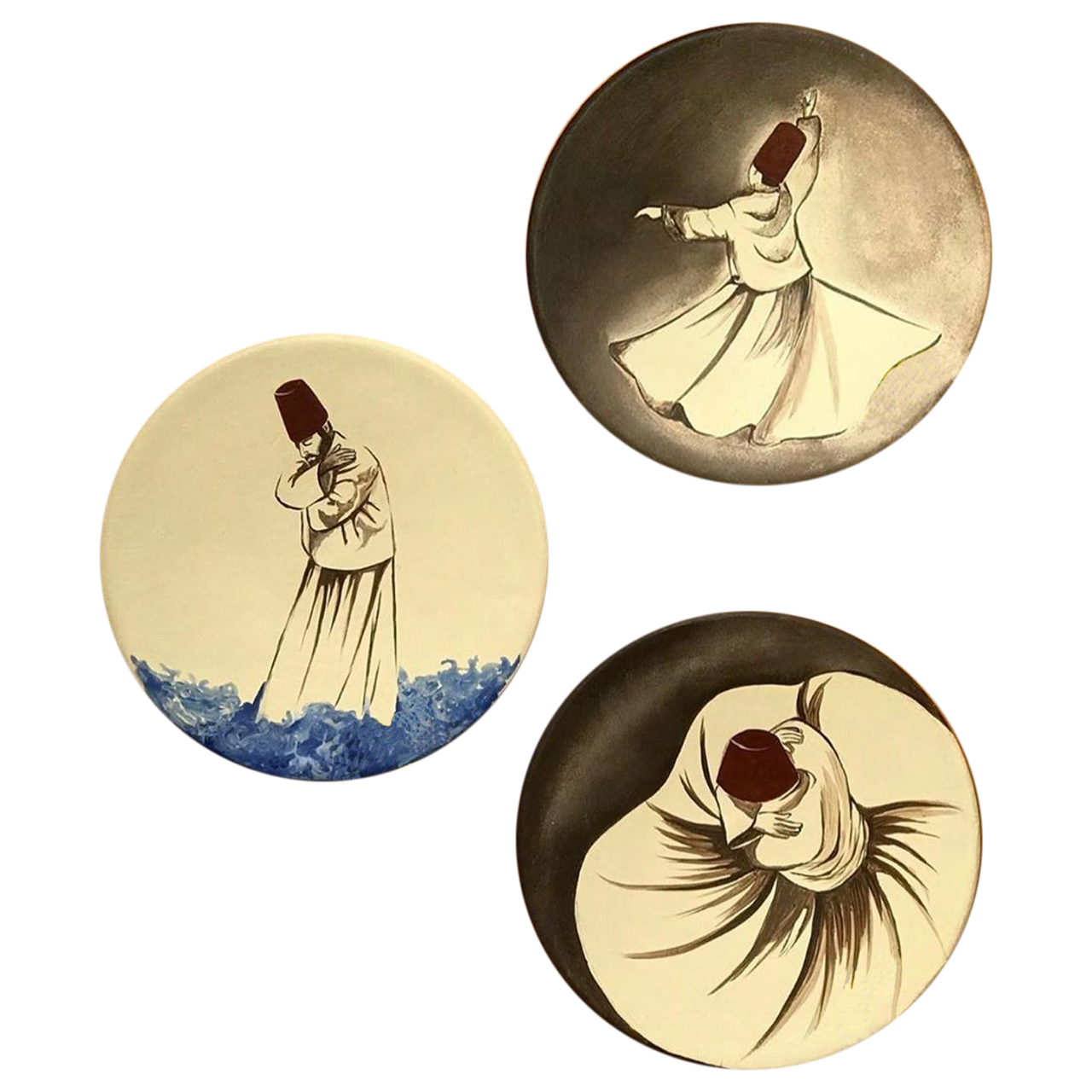 بشقاب دیوارکوب سفالی طرح سماع کد D115-A مجموعه 3 عددی
