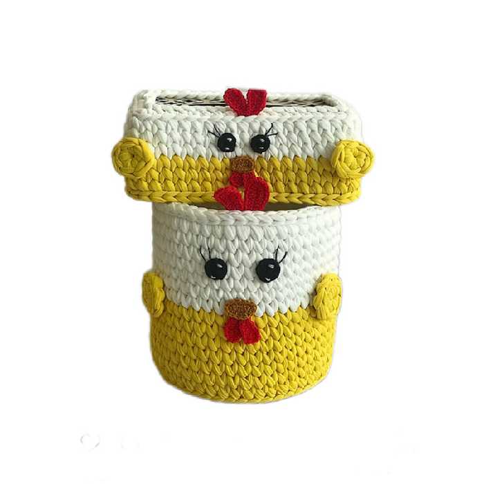 ست سبد و جعبه دستمال کاغذی  قلاب بافی تریکو طرح مرغی کد 1