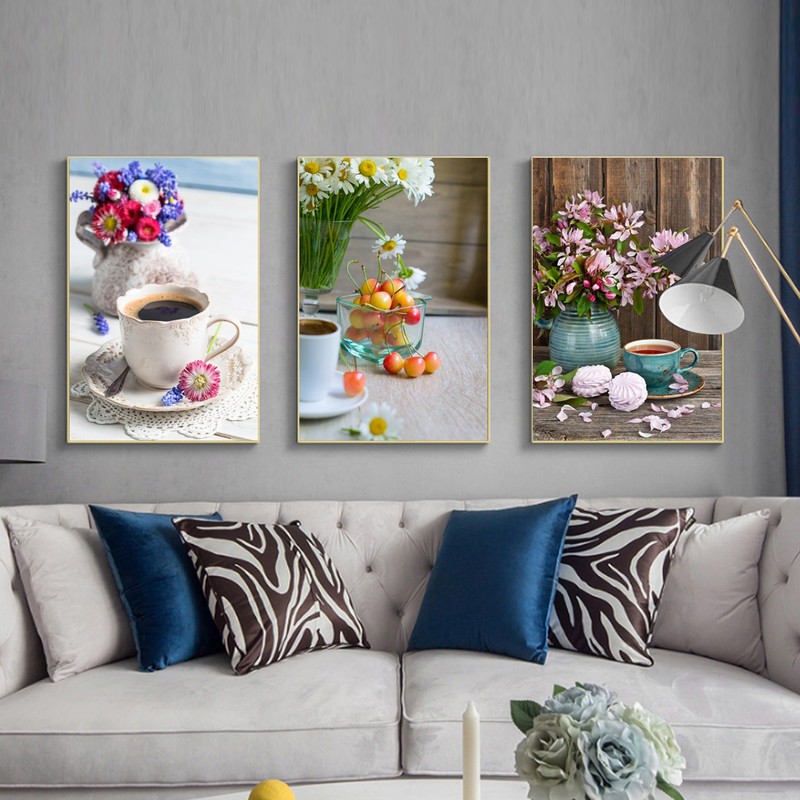 تابلو مدل دکوراتیو طرح فنجان و گل مجموعه 3 عددی | دنیای قاب