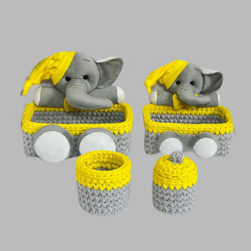 ست سبد قلاب بافی تریکو طرح عروسک فیلی کد 11 مجموعه 4 عددی