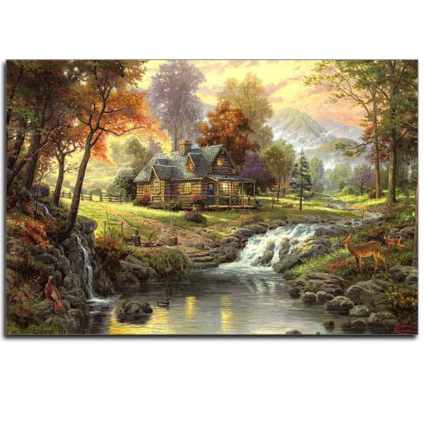 تابلو شاسی طرح نقاشی منظره خانه و رود | دنیای قاب