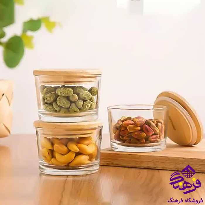 ظرف شیشه ای لیمون 190 گرد درب چوبی فله