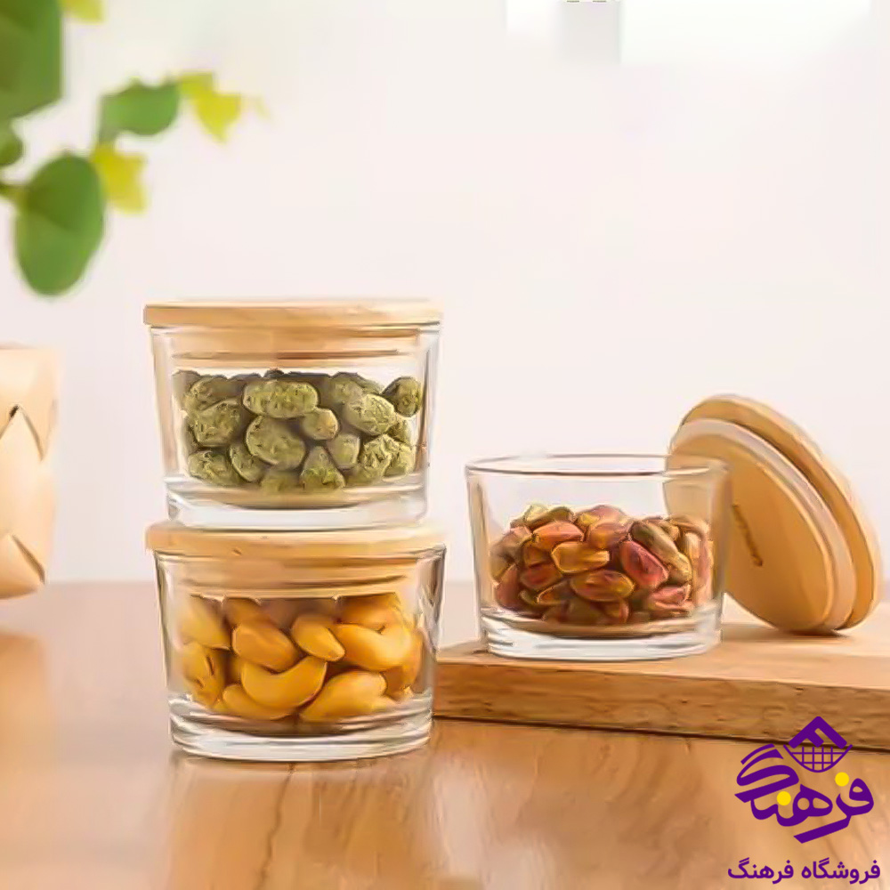 ظرف شیشه ای لیمون 190 گرد درب چوبی فله