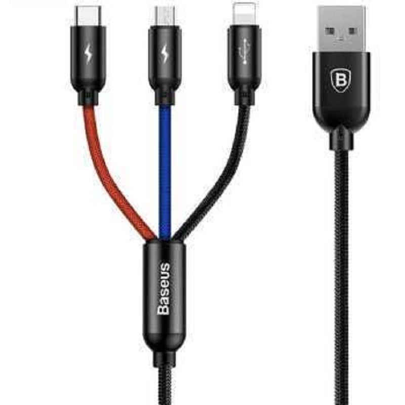 کابل تبدیل USB به microUSBوUSB-C ولایتنینگ بیسوس مدل CAMLT-BSY01 طول 1.2 متر