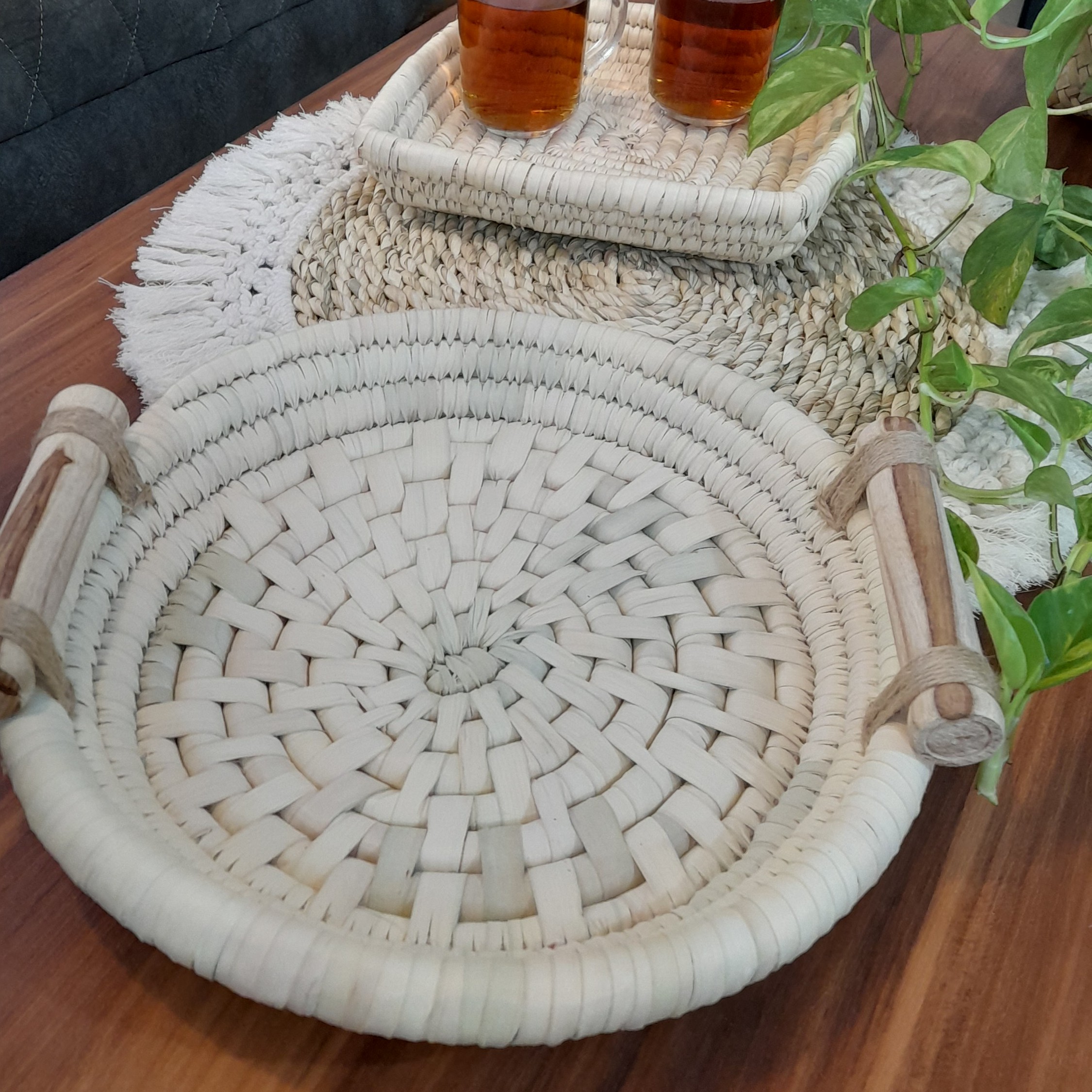 سینی حصیری دسته بامبو  قطر 35