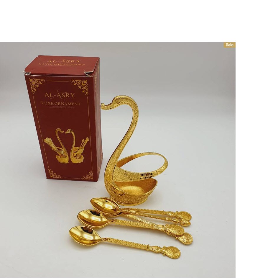 قاشق چای خوری دسر بستنی خوری با جاقشقی و استند طرح قو طلایی و نقره ای  گرم دار