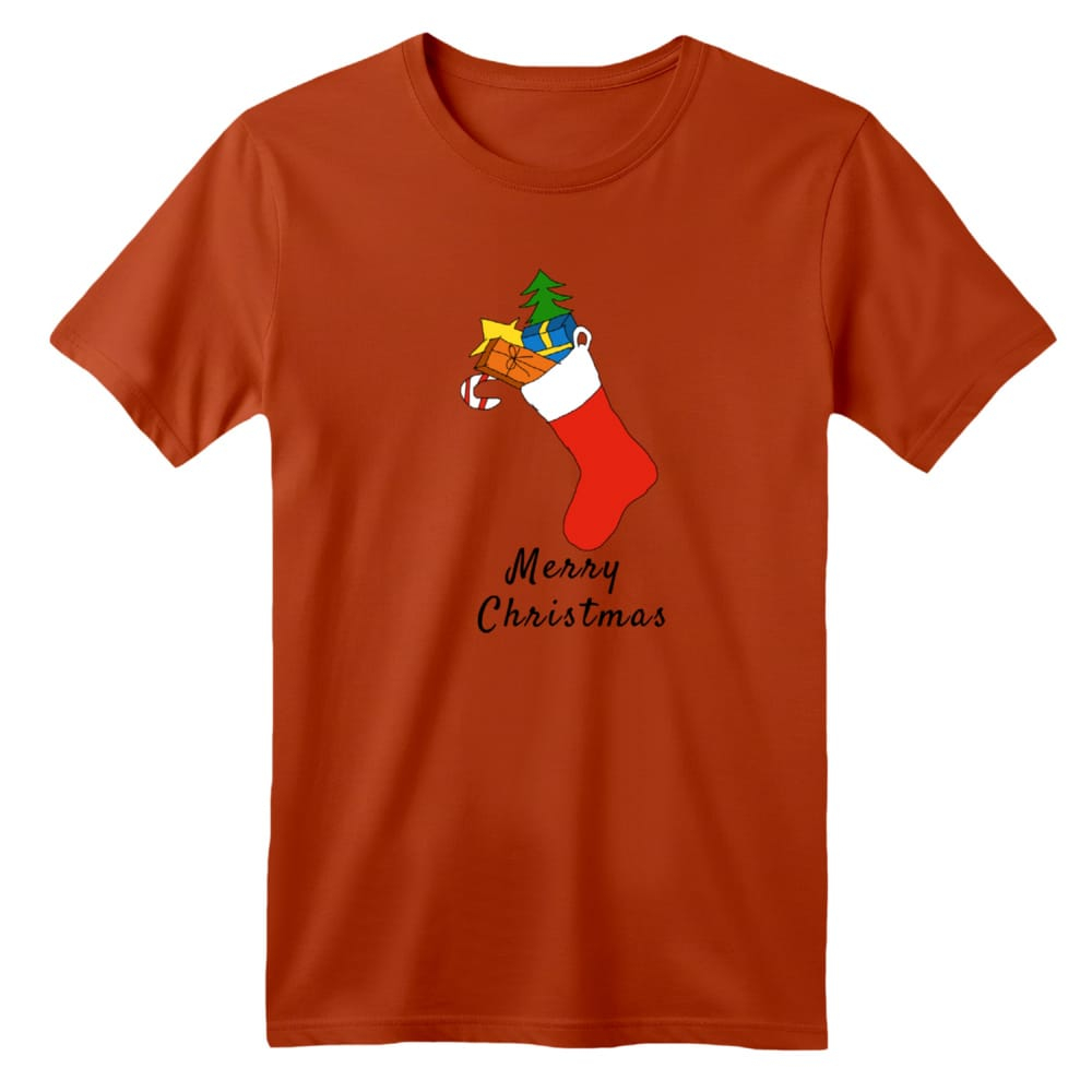 تی شرت آستین کوتاه بچگانه مدل جوراب کریسمس رنگ آجری