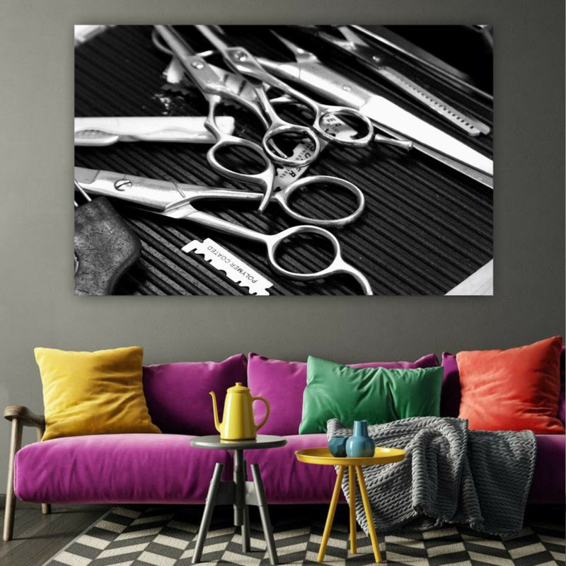 تابلو شاسی طرح آرایشگاه مردانه مدل تیغ و قیچی کد FP2895 | دنیای قاب