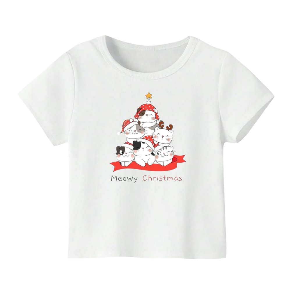 تی شرت آستین کوتاه بچگانه مدل گربه کریسمس کد 1 رنگ سفید