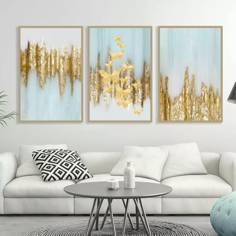 تابلو دکوراتیو  آبستره پرواز پروانه های طلایی  سه تیکه منظم | دنیای قاب