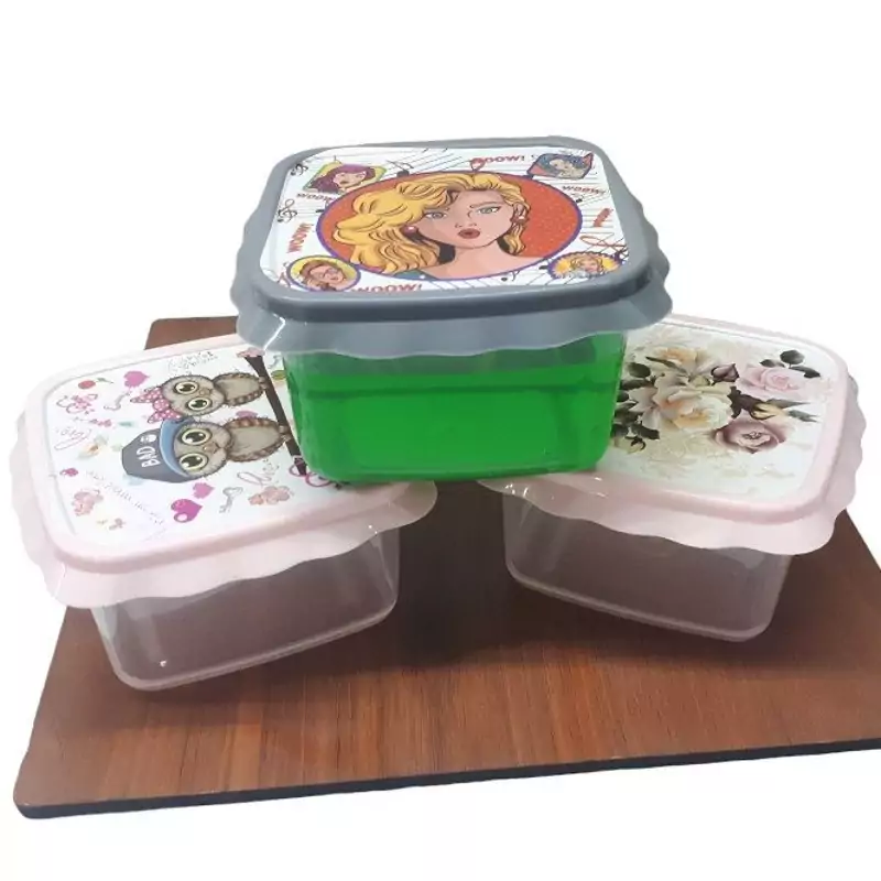 اردو خوری و ظرف فریزری درب فشاری عروسکی رنگ صورتی و طوسی با بدنه شفاف شکل مربع پک دو تایی بهترین گزینه برای حمل مواد غذا
