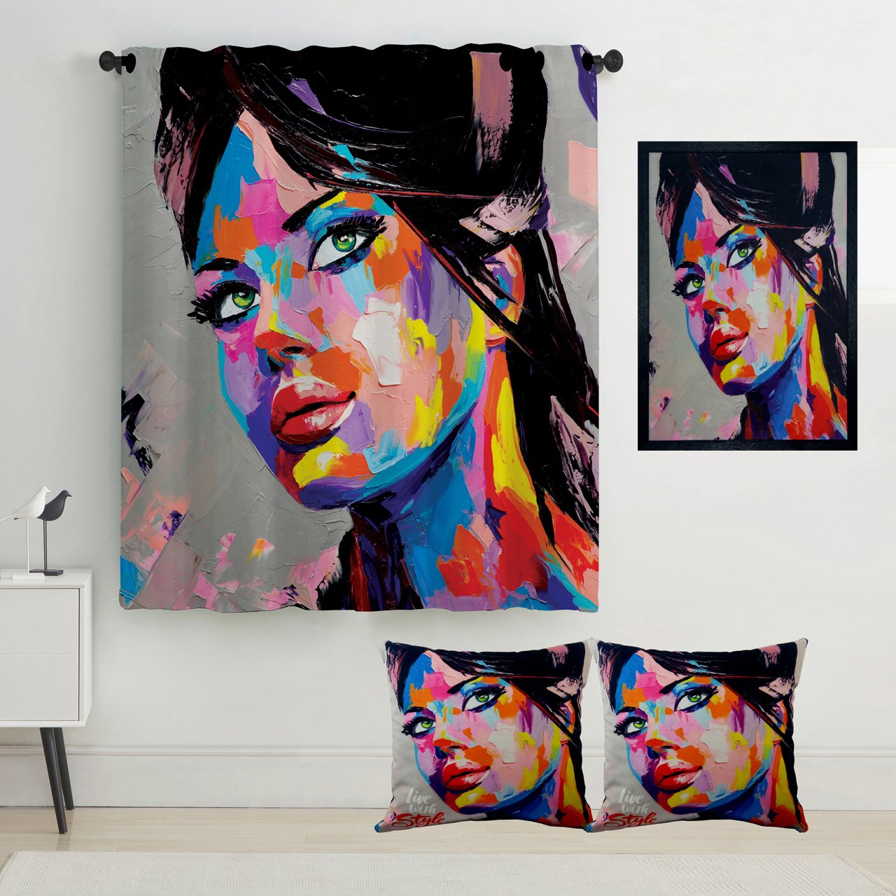 پرده رنس مدل S2-41026 به همراه تابلو و کوسن