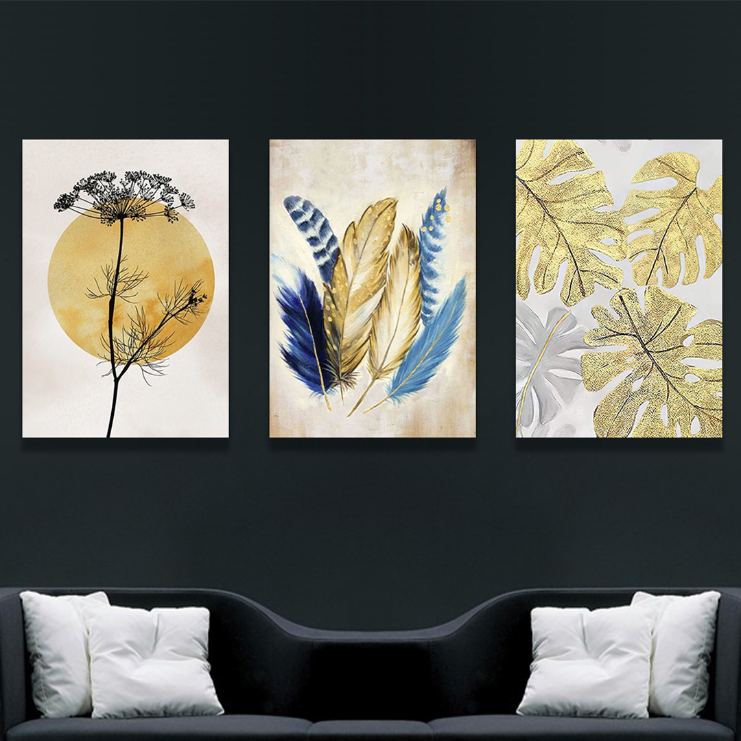 تابلو بوم مدل پر و گل طلایی کد 25 مجموعه سه عددی