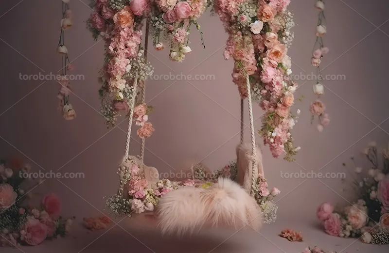 بک دراپ عکاسی تاب تا گل های صورتی و شکوفه | گرافیک با طعم تربچه