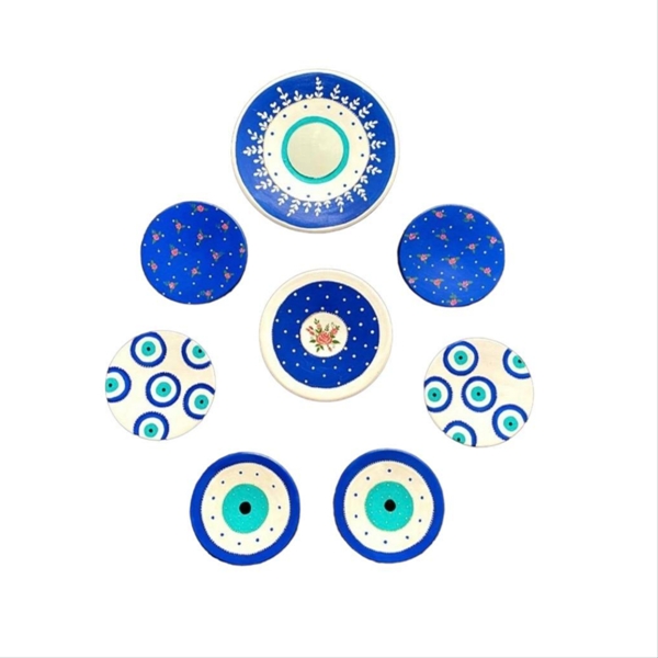 بشقاب دیوارکوب سفالی مدل هفت سین چشم و نظر کد 0008 مجموعه 8 عددی