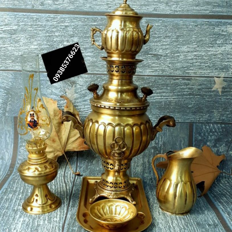 سماور 1لیتری خط دار برنجی زغالی با ست اف ویژه