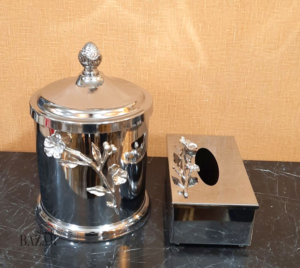 سطل و جای دستمال فلزی شاخه گل برنجی