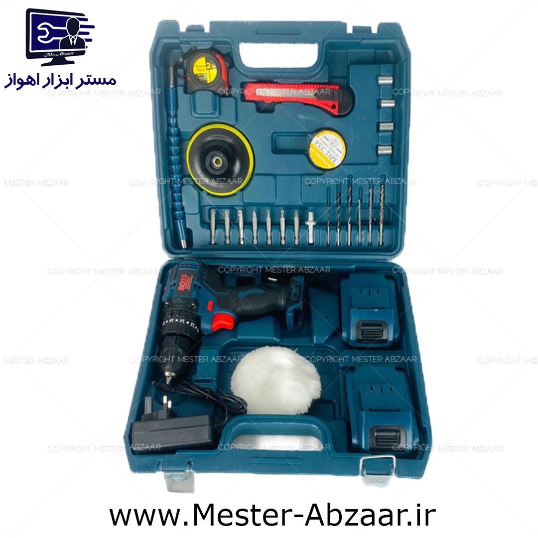 دریل شارژی چکشی براشلس باس 36 ولت دو باتری با لوازم و پولیش مدل boss 0350